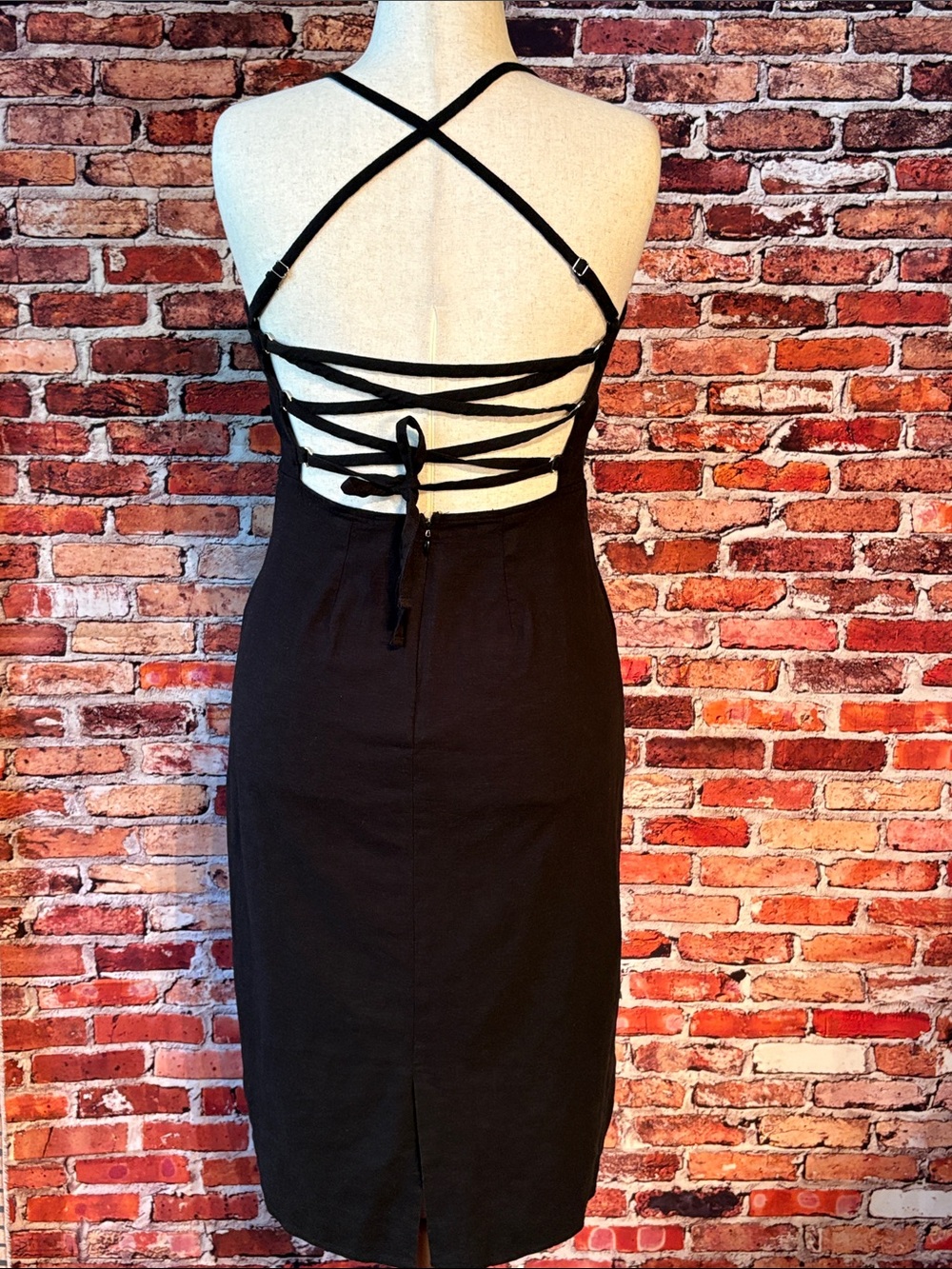 Wild Fable Black Linen Blend Lace-Up Back Midi Dress Size 12
